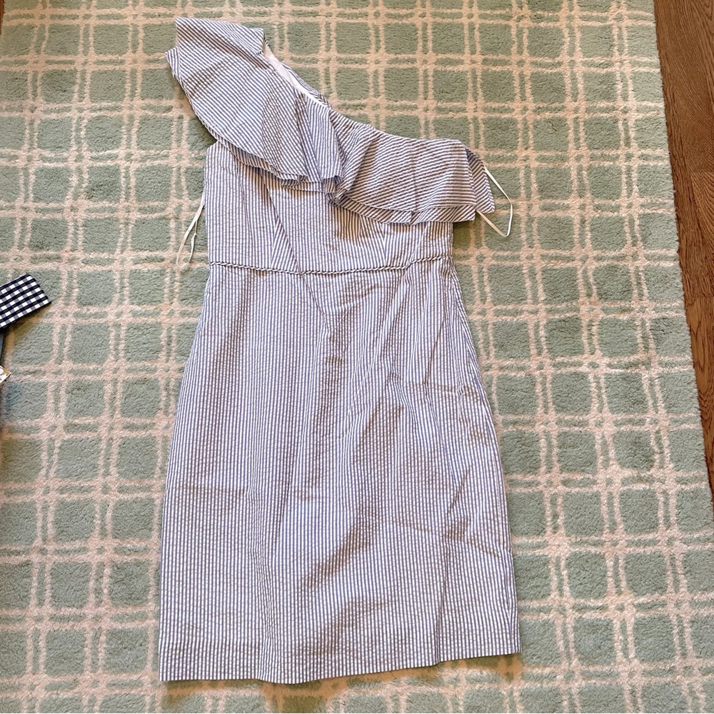 J. Crew blue seersucker one shoulder dress: S